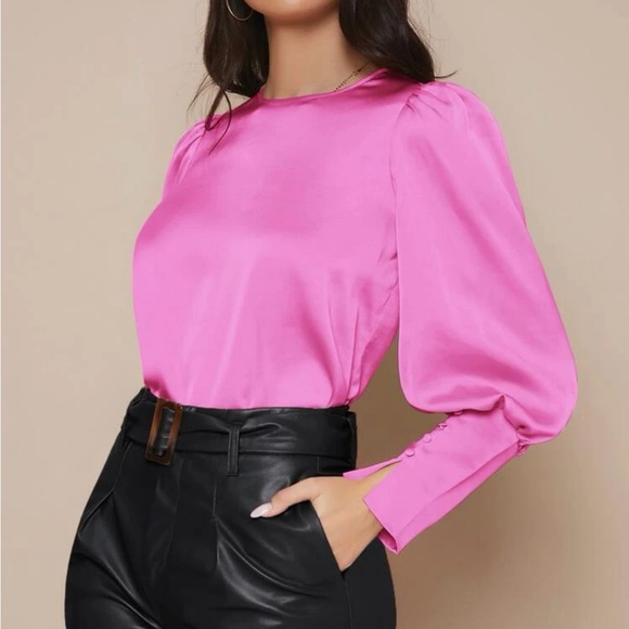 Luxe button cuff lantern sleeve satin blouse - Picture 6 of 13